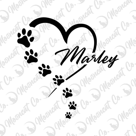 Paw Print Heart with Custom Name Vinyl Decal